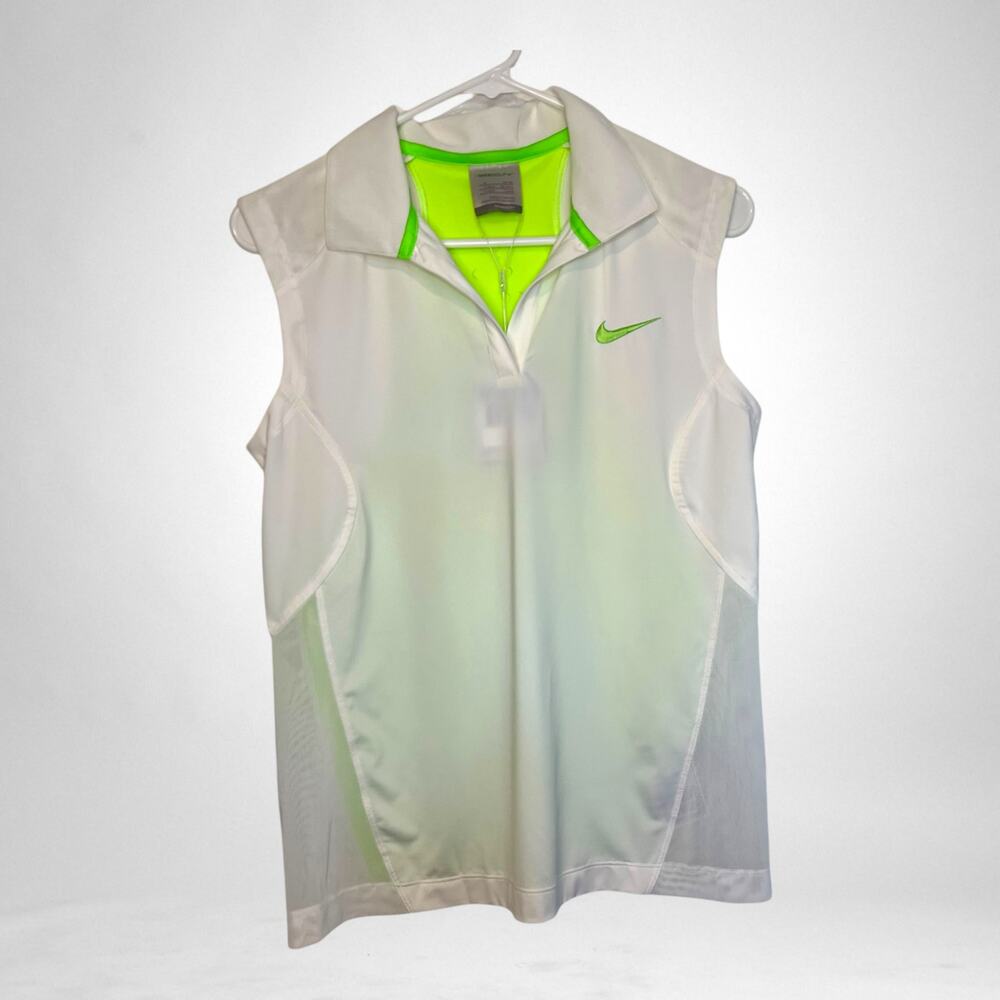 Nike‎ golf womens polo shirt drifit white and green with collar sleevless